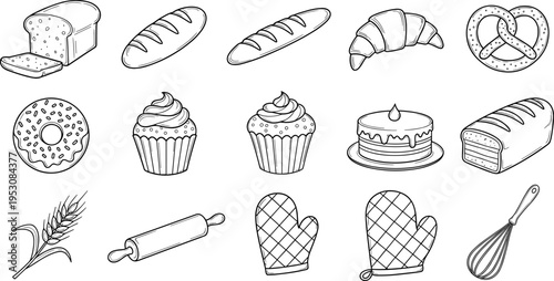 Collection of hand-drawn bakery items and baking tools in a simple line art style