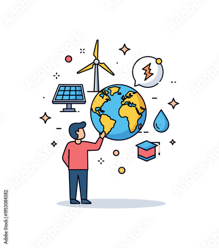 Learning about renewable energy sources centered on a student figure observing a floating globe surrounded by a solar panel, wind turbine, and water drop icon,