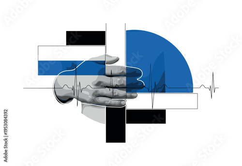 Close-up monochrome hand pressed to the heart area, layered with a large blue semicircle and intersecting rectangular geometric blocks, subtle abstract