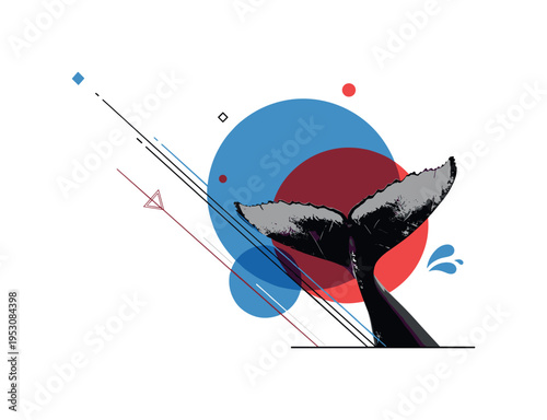 Monochrome whale tail emerging upward, partially cropped for dramatic effect, combined with overlapping blue and red circles and thin diagonal lines suggesting