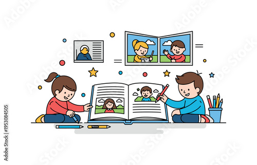 Children creating a picture book with illustrated panels and captions, showing learning, imagination, and narrative development. Minimalist flat vector
