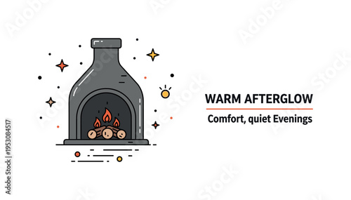 Cinder fireplace remains concept centered on a small hearth silhouette containing glowing embers. A subtle ?Warm Afterglow? label communicates comfort, quiet