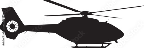 Black helicopter silhouette with rotor blades white background