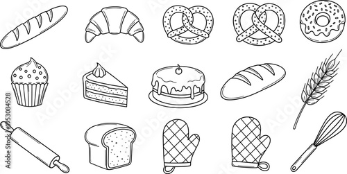 Collection of hand-drawn bakery items and baking tools in a simple line art style