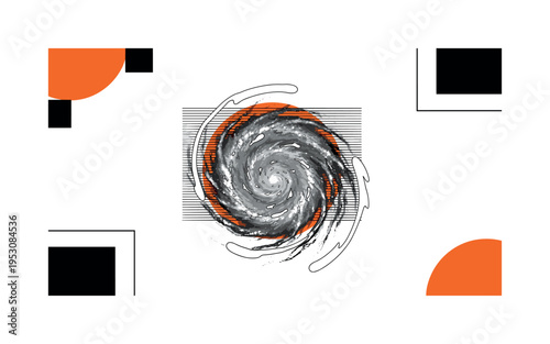 Black and white realistic spiral galaxy with visible star clusters, placed slightly off-center, layered with a bold orange circle behind the core and thin