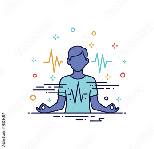 Meditative breathing practice depicted by a calm silhouette with subtle wave lines moving in and out around the body, expressing rhythm and mindfulness. The