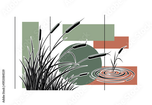 A monochrome close-up of reeds bending beside a calm river, intersected by large flat circular shapes symbolizing ripples, abstract rectangular color blocks