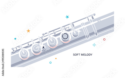 Flute close up highlighting polished silver keys and smooth cylindrical body with subtle light reflections. A small ?Soft Melody? caption and gentle sparkle