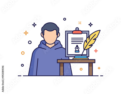 Monastic scriptorium culture illustrated by a simplified monk silhouette beside a writing desk and quill icon. The composition conveys preservation