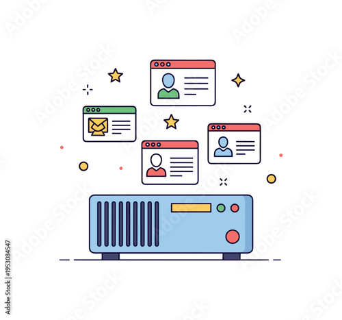 Virtual server environment featuring a single hardware unit with small virtual window icons floating above, symbolizing virtualization and resource