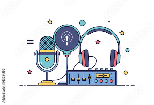 Podcast recording setup desk scene with studio microphone, closed back headphones, and compact mixer board arranged neatly together. A clean concept