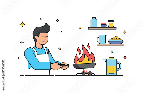 Home kitchen scene with a person flambeing a dish in a pan, flames rising slightly, evoking restaurant flair, excitement, and culinary mastery. Minimalist flat