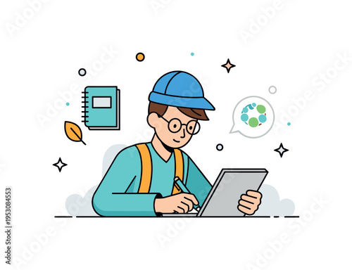 Field researcher documenting observations with a small notebook and subtle leaf icon nearby, symbolizing environmental study and exploration. The compact scene