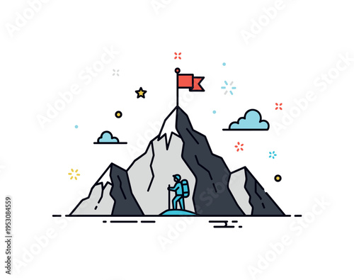 Adventure mountain peak with a small flag at the summit and a tiny hiker silhouette standing proudly below, expressing ambition and the thrill of reaching new