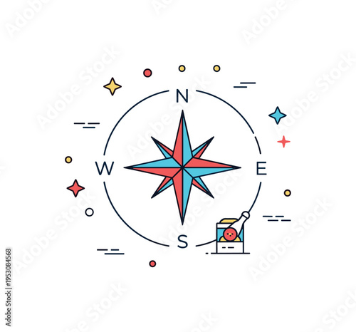 Vintage compass rose illustrated as a simplified star shaped directional mark inside a clean circle frame, symbolizing exploration and timeless travel spirit.
