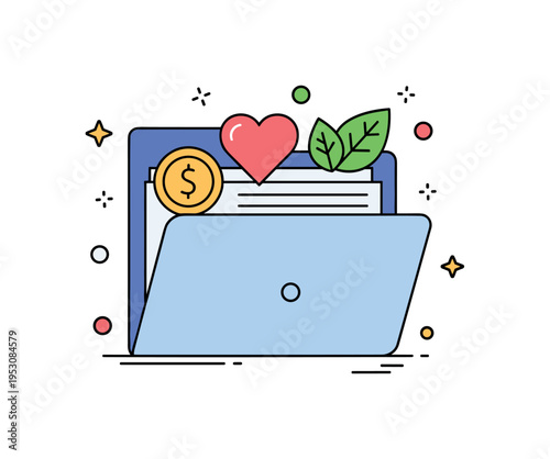 Purpose driven portfolio simplified folder icon containing coin, heart, and leaf symbols arranged neatly inside, expressing curated investments aligned with
