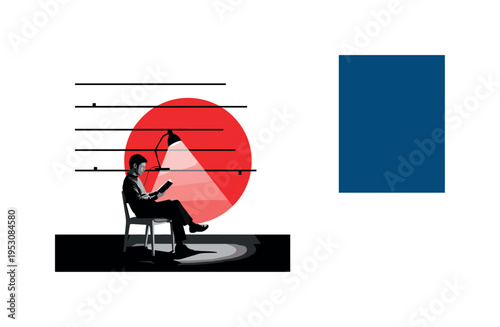 Black and white quiet reading scene with single chair and person under minimal desk lamp, bold red circular accent behind lamp glow, thin horizontal lines