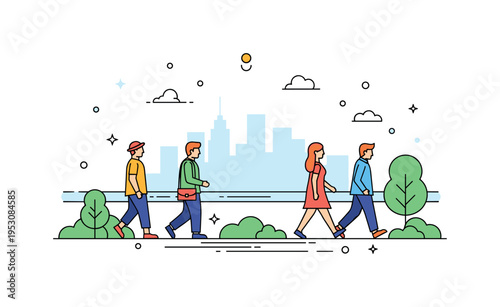 Carefree city park promenade featuring light dressed walkers framed by a minimal skyline hint and soft greenery elements. The composition highlights balance