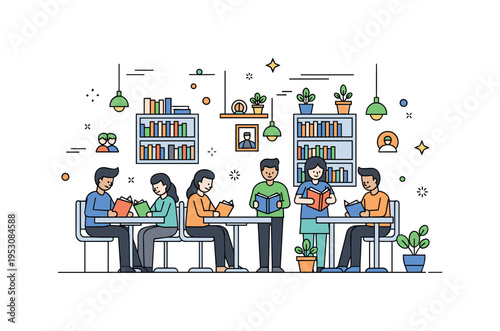 Public library scene with people reading, studying, and interacting in a shared space, reflecting knowledge, inclusivity, and civic engagement in society.