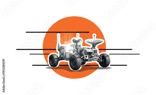 A black and white retro photograph-style moon rover with visible antennas and large textured wheels, placed slightly off-center, combined with a bold orange