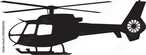 Black helicopter silhouette with rotor blades white background