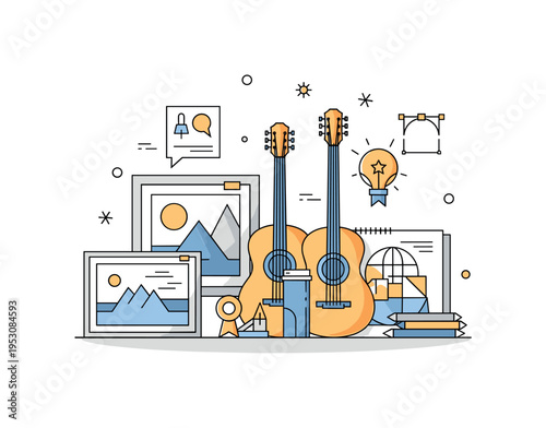 An illustrator arranging finished artworks next to musical instruments and design prototypes, symbolizing creative success, recognition, and multidisciplinary