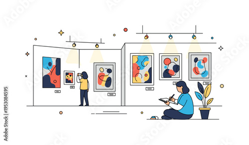 Fine art gallery with spotlighted abstract art pieces on walls and a visitor taking notes or sketching, emphasizing observation, study, and inspiration.