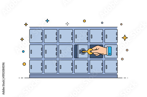 Safe deposit box room interior wall of small locker doors with a key in hand unlocking one compartment, symbolizing security and asset protection. A strong