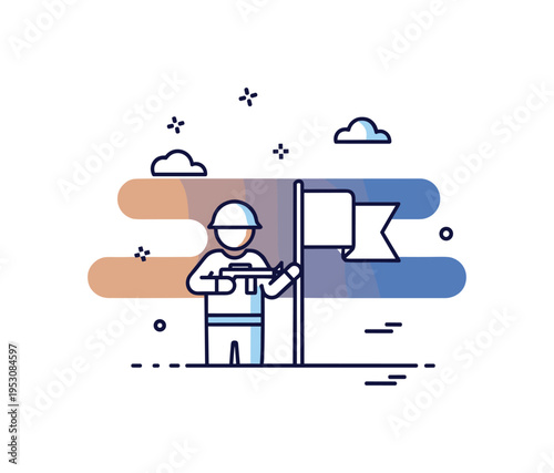 Guarding at twilight illustrated by a simplified soldier silhouette beside a subtle flag shape, with soft gradient sky tones transitioning from orange to deep