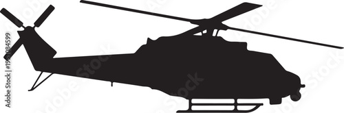 Black helicopter silhouette with rotor blades white background
