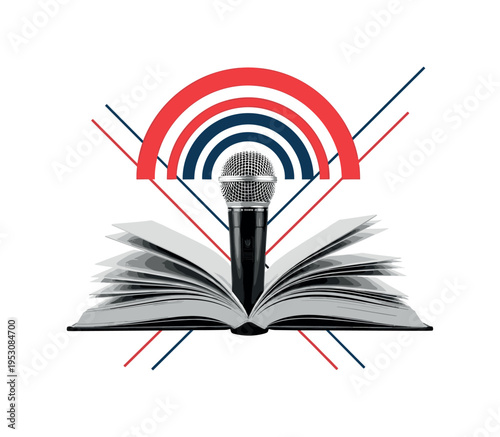 A realistic monochrome microphone merged with an open book, bold semicircles framing the top like amplified dialogue, sharp diagonal lines organizing the