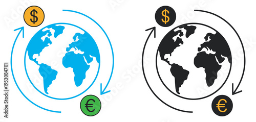 Global currency exchange icon, circular arrows, dollar and euro coins, international finance, money transfer, transparent background isolated