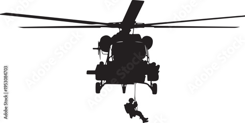 Black helicopter silhouette with soldier descending on rope