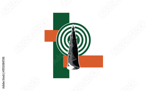 Black and white retro-style banquet table viewed from above, filled with ornate plates, wine glasses and layered dishes, bold concentric circles echoing plate