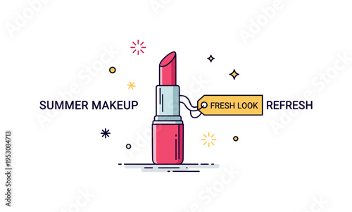 Summer makeup refresh concept highlighting a single vibrant lipstick with tiny sunburst accents and a small tag like Fresh Look enhancing the optimistic