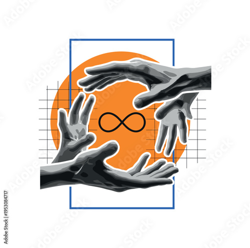 Black and white open hands forming a circle shape together, large orange circle reinforcing unity, blue rectangular frame enclosing composition, thin grid