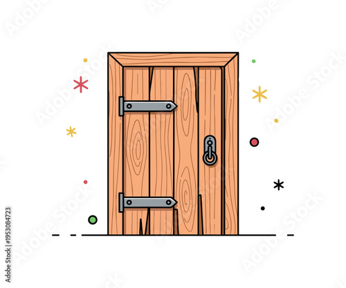 Old wooden door with visible grain, rustic hinges, and a slightly worn surface, evoking history, character, and vintage charm. Minimalist flat vector