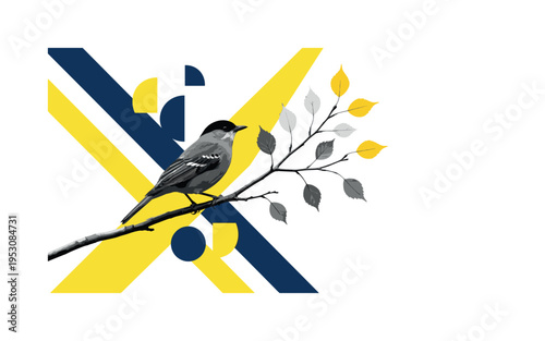 Black and white bird perched on a branch with leaves transforming from full to falling, bold diagonal beams and semicircles reinforcing seasonal rhythm, flat