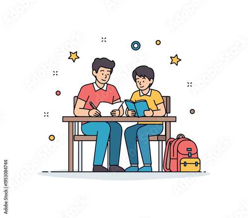 After school tutoring session teacher and student reviewing notes together at a single desk with backpack placed nearby, suggesting extra effort and