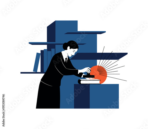 Black and white librarian silhouette stamping a book, bold orange circular accent near stamp area, thin radiating lines emphasizing action, deep blue geometric