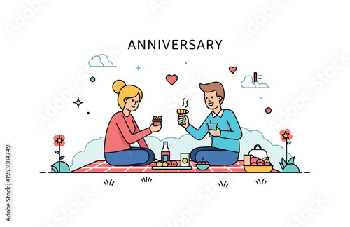 Anniversary picnic outdoors with a couple sitting on a blanket and sharing snacks, highlighting relaxed togetherness and joyful moments. Minimalist flat vector