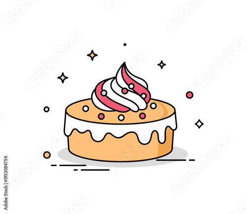 Single serving cake concept shown by a small round pastry with elegant frosting swirl and tiny decorative dot accents, expressing minimalist confectionery