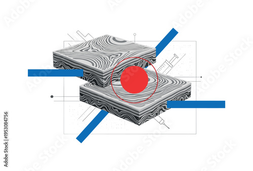Black and white close-up of 3D printed tissue layers stacked like geometric slices, bold red circle highlighting center slice, blue rectangular bars crossing