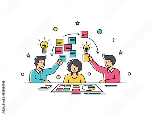 Team members sharing sticky notes and color-coded ideas on a desk, abstract decorative elements emphasizing idea exchange, innovation, and joint creativity.
