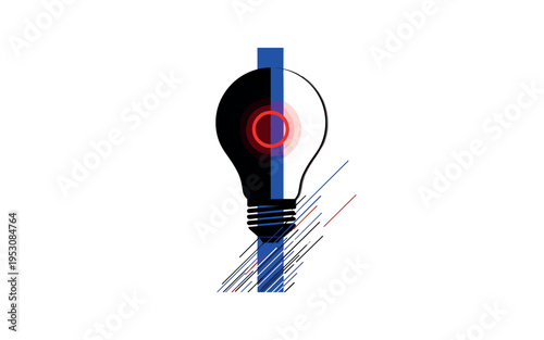 Black and white lightbulb silhouette enlarged centrally, bold blue vertical stripe dividing composition, red circular accent glowing inside the bulb, thin