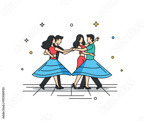 Salsa dance moves with a couple spinning in sync on a vibrant dance floor, showing coordination, passion, and joyful connection. Minimalist flat vector