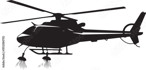 Black helicopter silhouette with water bucket firefighting