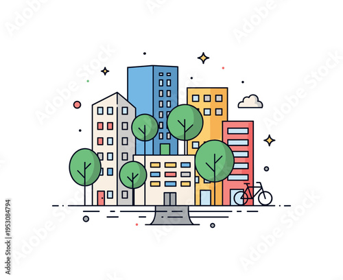 Sustainable urban planning simplified city block with trees integrated between buildings and a small bicycle icon. A compact concept scene expressing greener