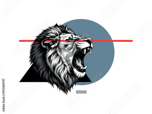Black and white roaring lion head in profile as metaphor of strength, large muted blue semicircle behind like dominant aura, thin red horizontal line crossing