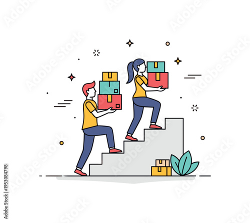 Helping a neighbor carry heavy packages up stairs, showing physical support, generosity, and community care during challenging moments. Minimalist flat vector
